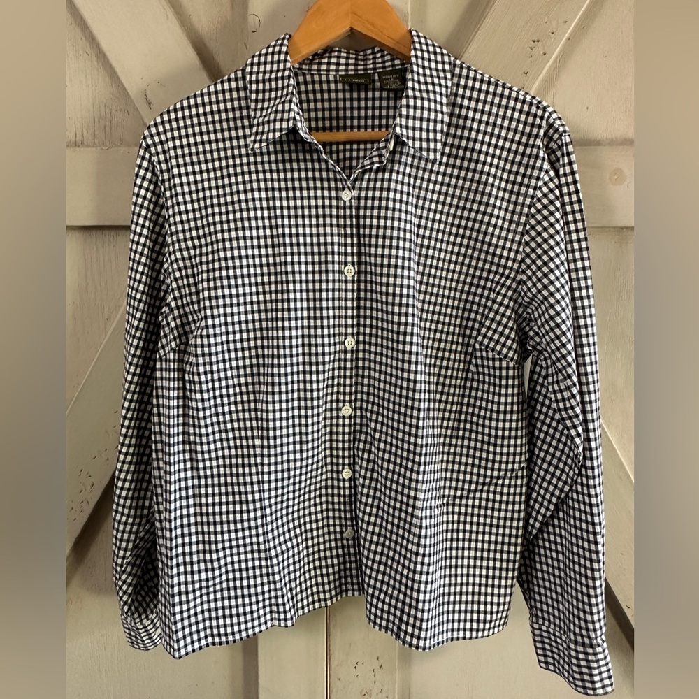 L.L.Bean Women’s Large Black White Gingham Button Front Shirt Cotton Blend